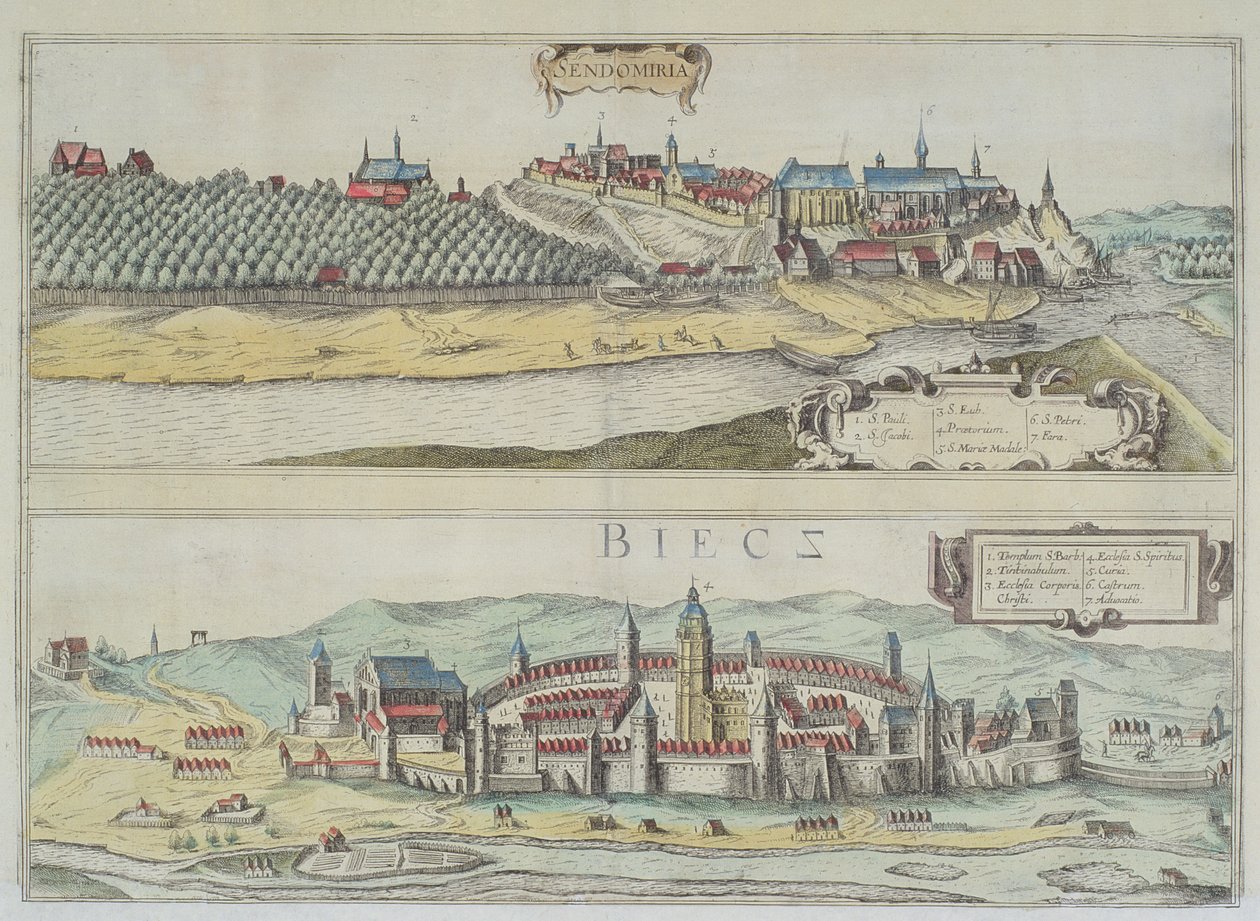 Vyer av Sendomiria och Biecz, ur "Civitates Orbis Terrarum" av Georg Braun (1541-1622) och Frans Hogenberg (1535-90) av Joris Hoefnagel