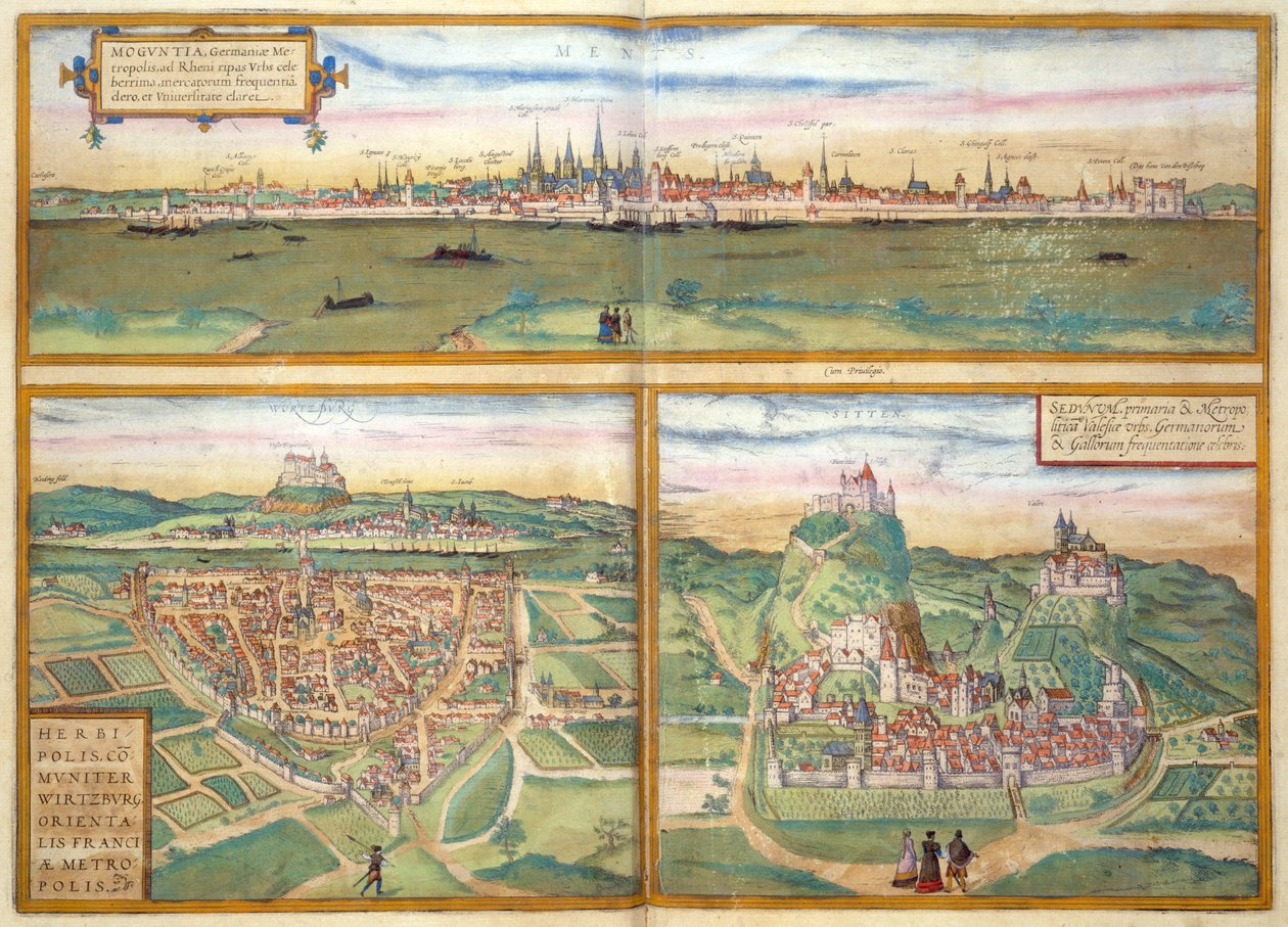Metz, Wurtzburg och Sittensen, från Civitates Orbis Terrarum av Georg Braun (1541-1622) och Frans Hogenburg (1535-90), ca 1572 av Joris after Hoefnagel
