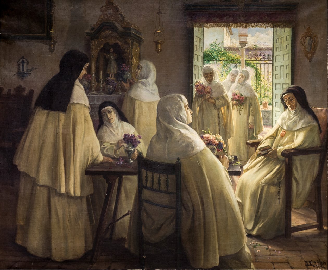 Klosterinteriör med scener av Mercedarian nunnor av José Rico Cejudo