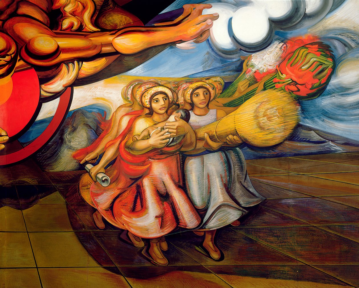 Mexikanska kvinnor, med sina barn och produkterna av sitt arbete, marscherar för att kräva sina rättigheter, från cykeln "Det mexikanska folket kräver social trygghet" (fresk) av José Clemente Orozco