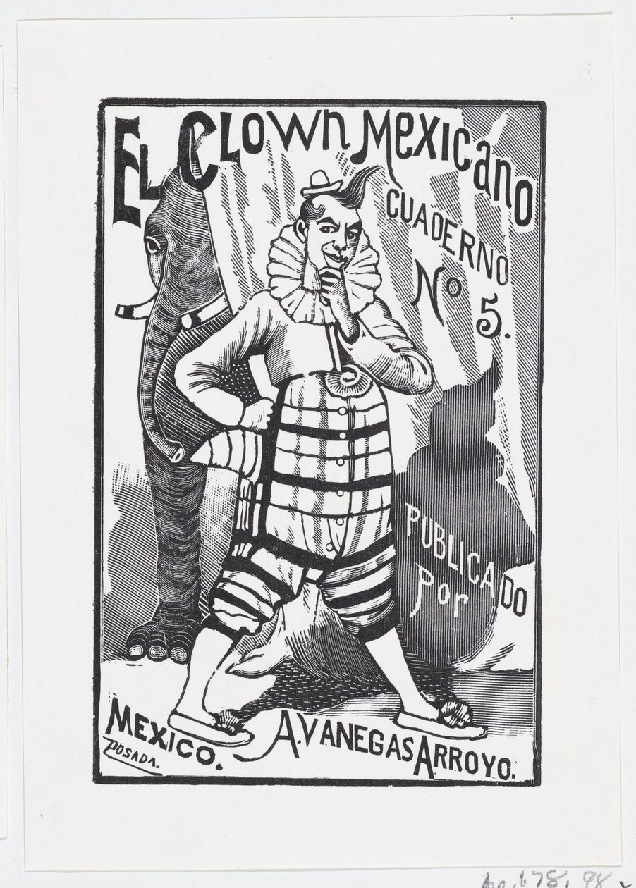 En clown som står med en hand på höften och en elefant som tittar ut bakifrån..., ca. 1880-1910. av José Guadalupe Posada