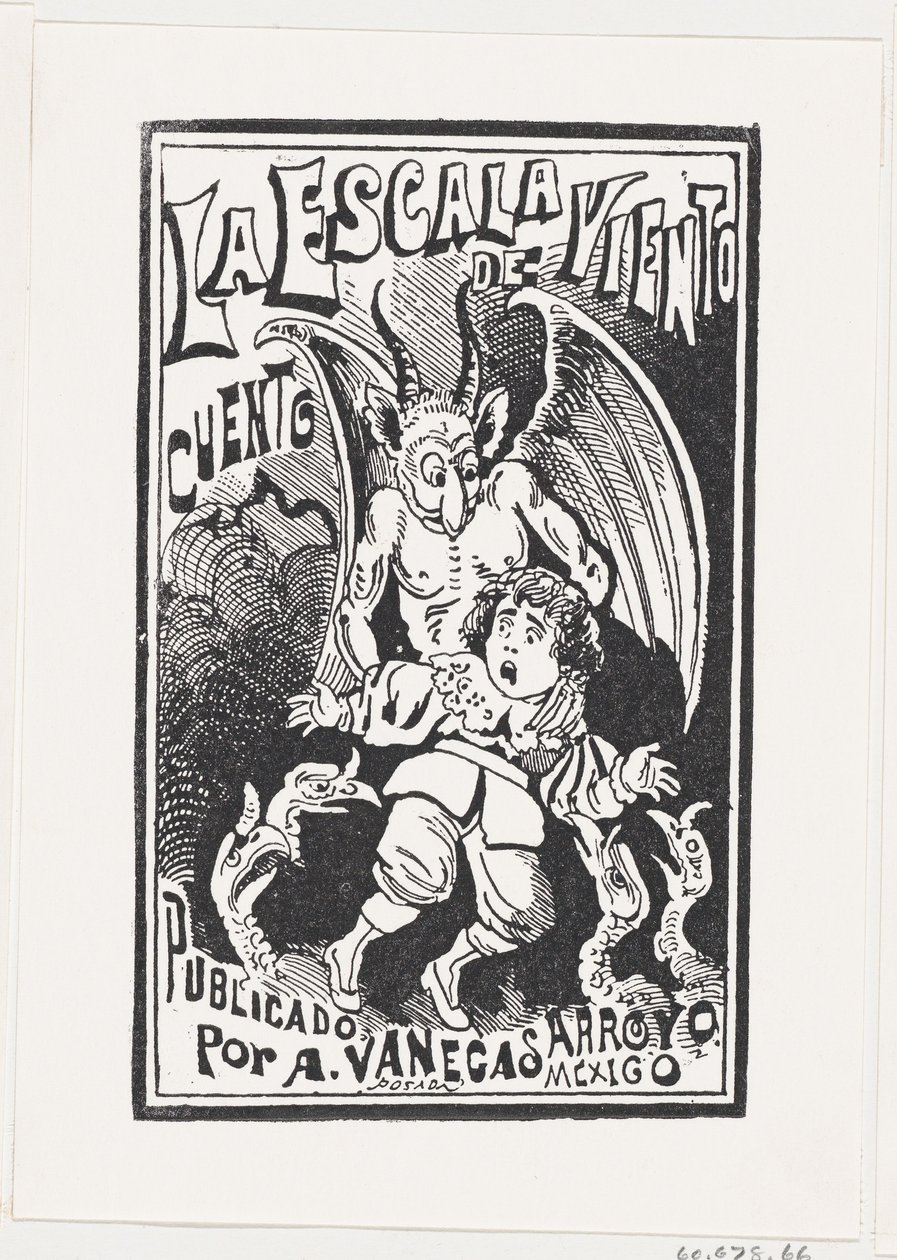En demon som håller en ung pojke vid sina axlar över en grupp gamar, illustrati..., ca. 1880-1910. av José Guadalupe Posada