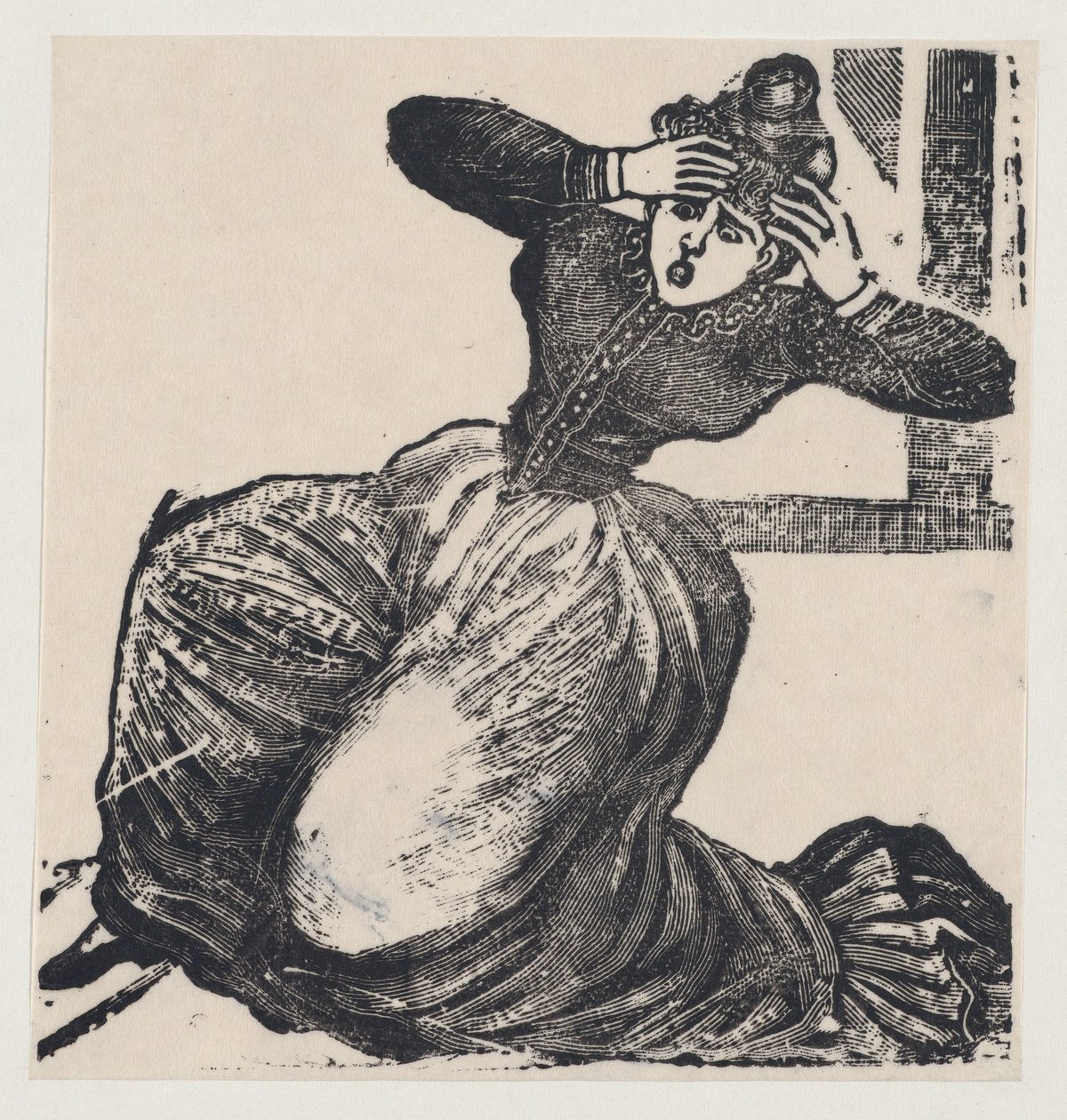 En flämtande kvinna på marken med händerna höjda mot huvudet, från en bredsida med titeln..., 1893. av José Guadalupe Posada