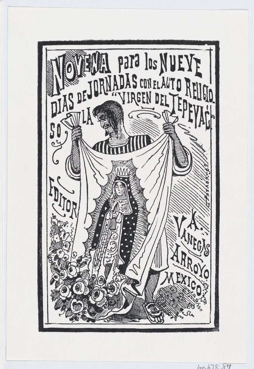 En man som håller upp ett tygstycke med en bild av Jungfrun, illustration för ..., ca. 1880-1910. av José Guadalupe Posada