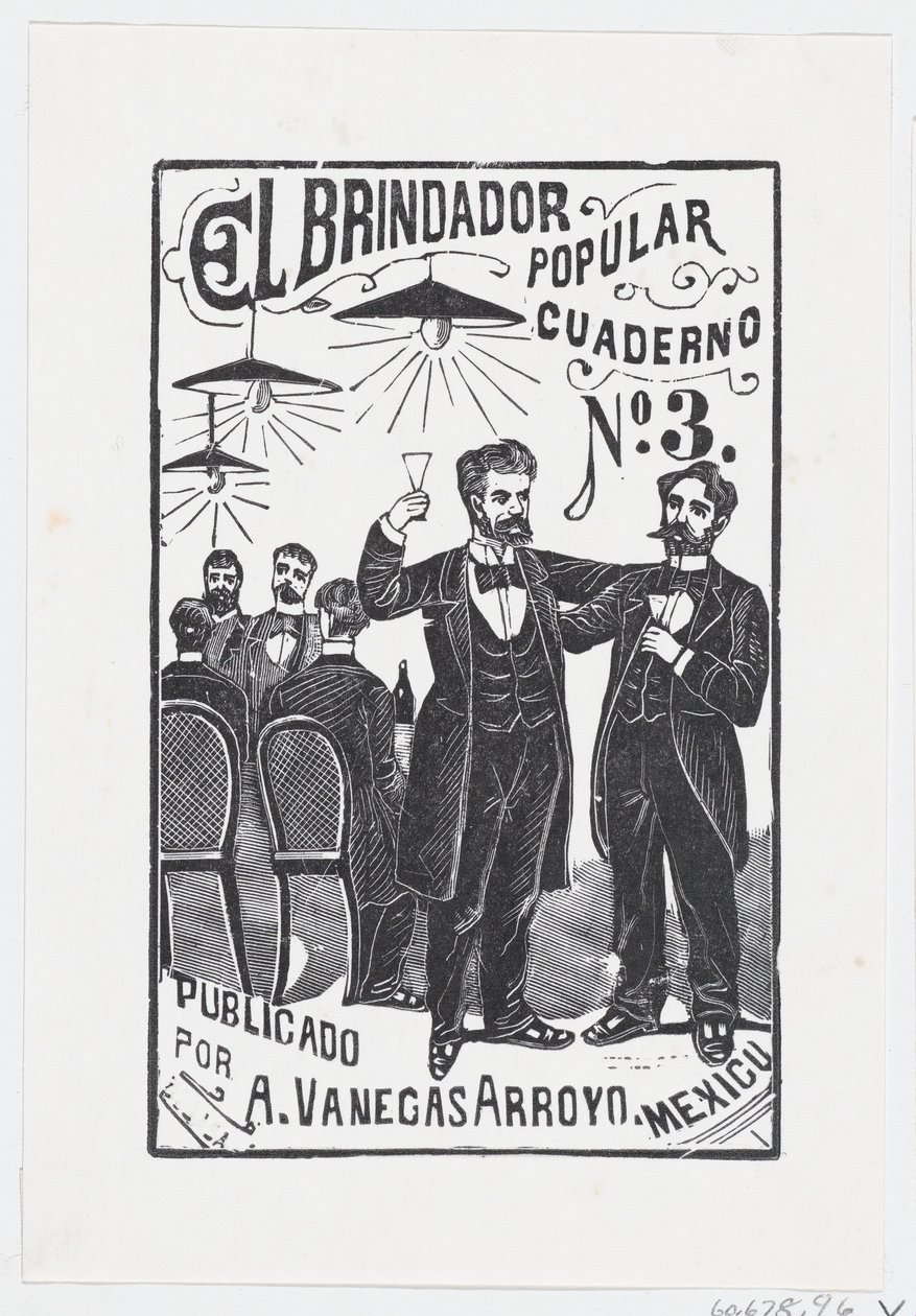 En man höjer sitt glas med en grupp män som sitter vid ett bord i bakgrunden,..., ca. 1890-1899. av José Guadalupe Posada