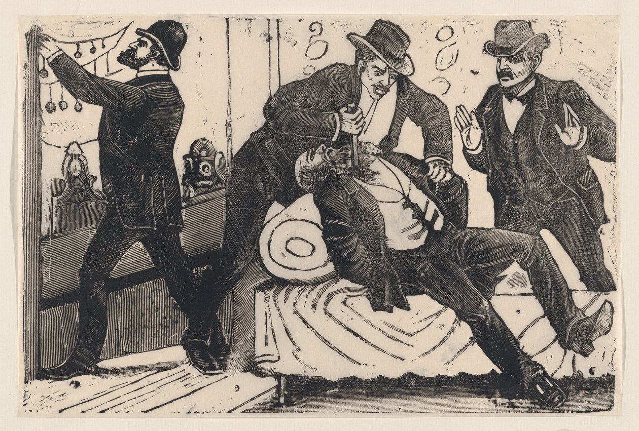 En man knivhugger en annan man i bröstet medan hans medarbetare plundrar en butik, från en..., ca. 1890-1891. av José Guadalupe Posada