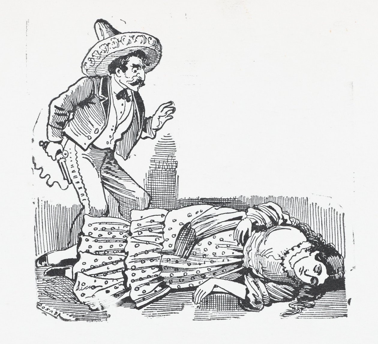 En man med en pistol stående över en kvinna som han just har skjutit, ca. 1880-1910., ca. 1880-1910. av José Guadalupe Posada