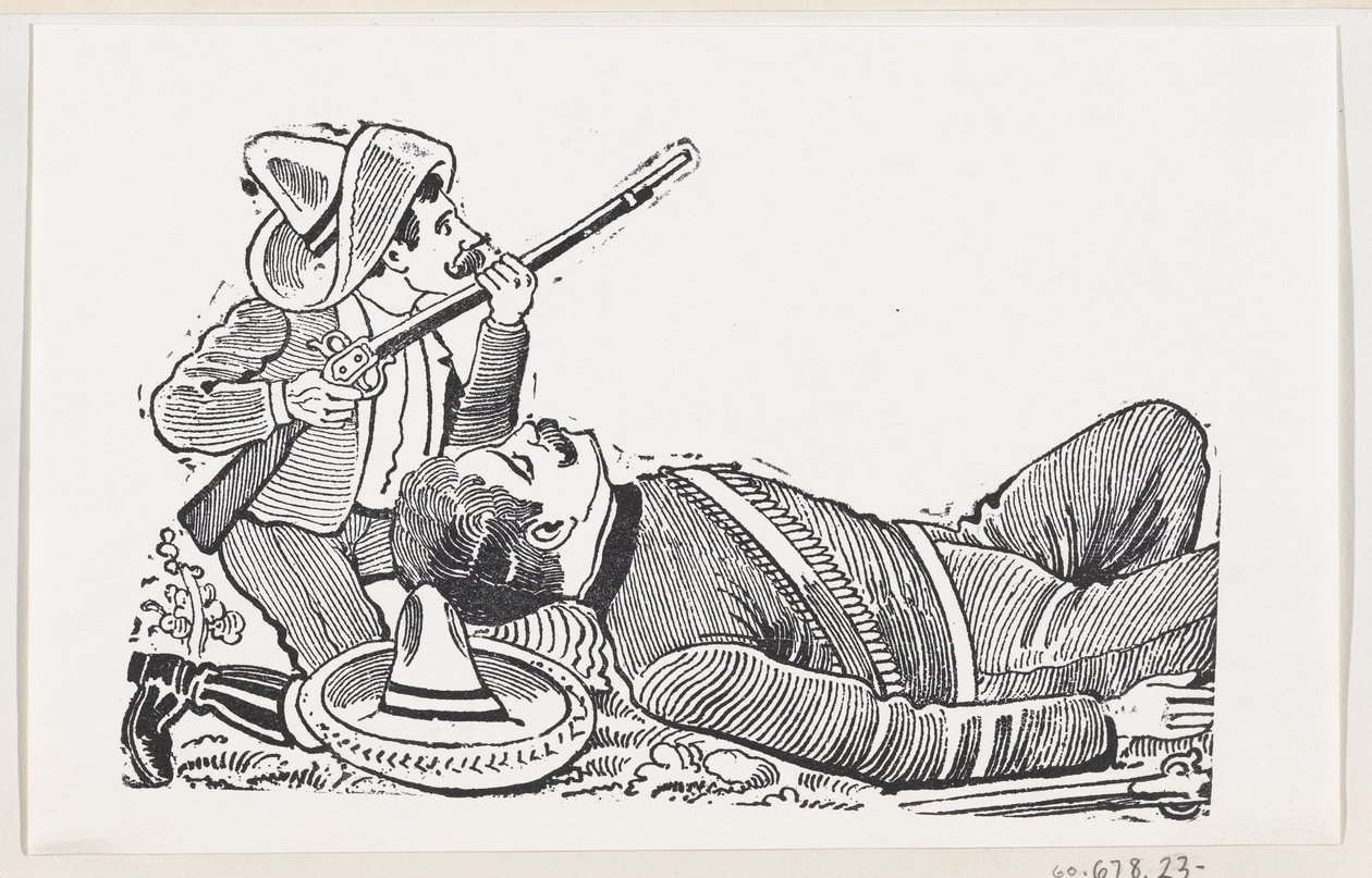 En revolutionär som håller ett gevär och knäböjer för att skydda en fallen revolutionär, c..., ca. 1880-1910. av José Guadalupe Posada