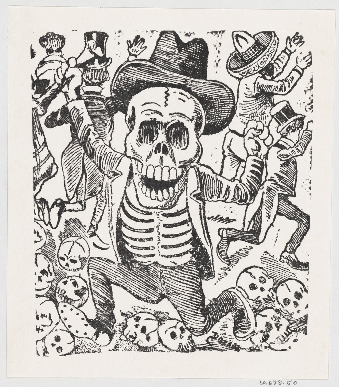 Ett skelett som håller ett ben och hoppar över en hög med dödskallar medan människor flyr, fr..., ca. 1907. av José Guadalupe Posada