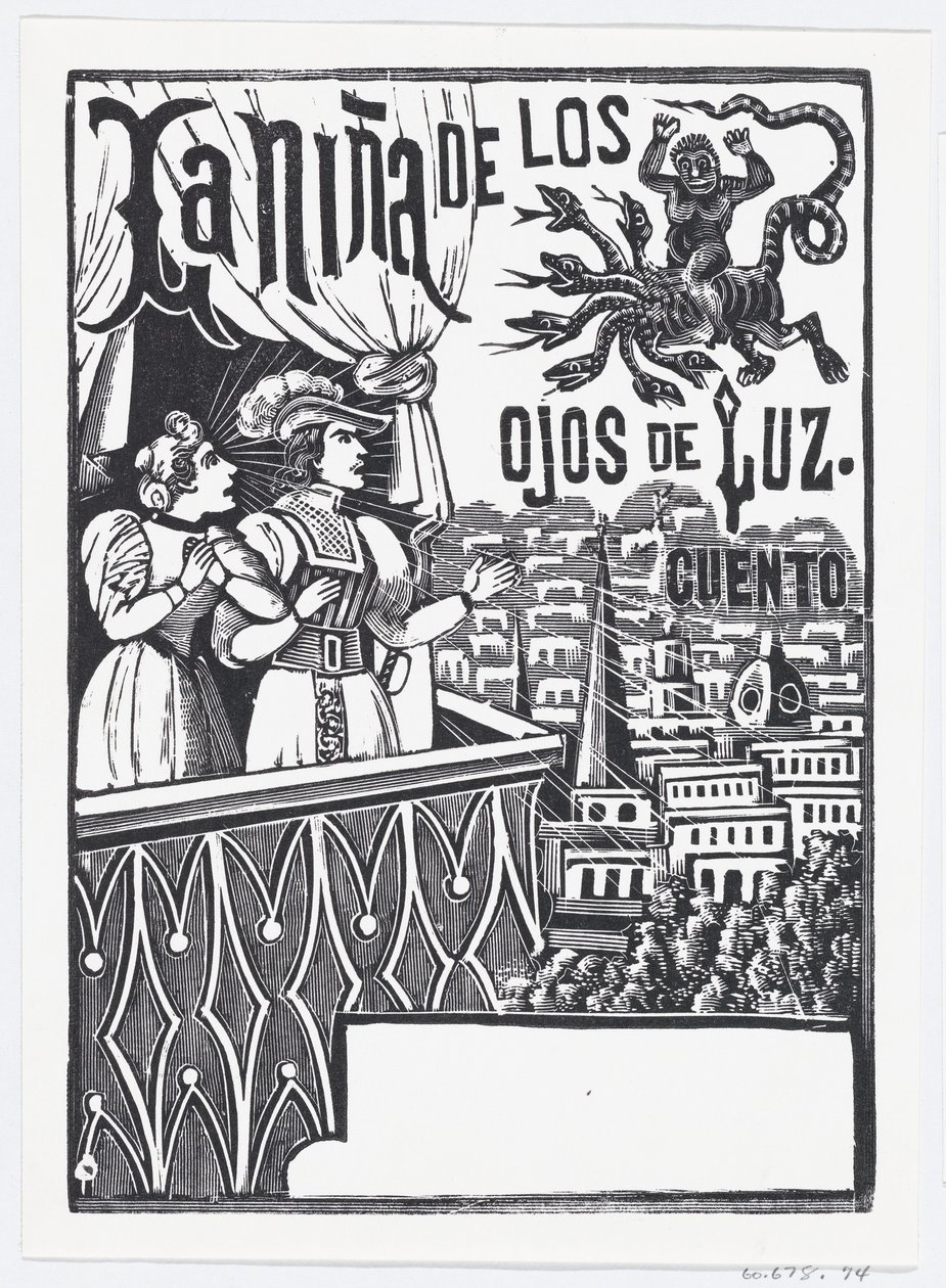 En kvinna och en man står på en balkong och tittar upp på ett flygande monster på himlen..., ca. 1880-1910. av José Guadalupe Posada