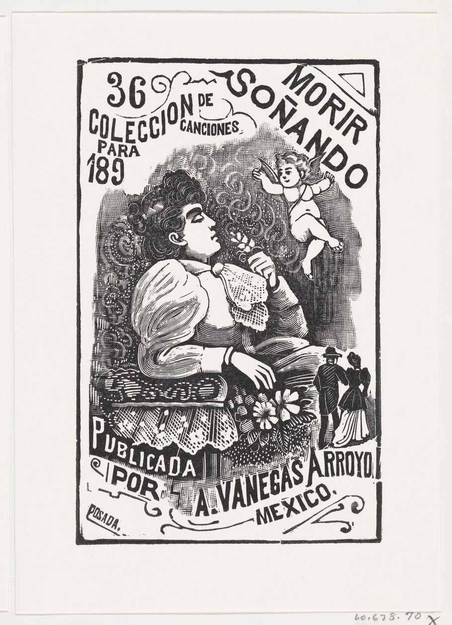 Profil av en kvinna som sitter i en stol med huvudet bakåt och håller en blomma, il..., ca. 1890. av José Guadalupe Posada