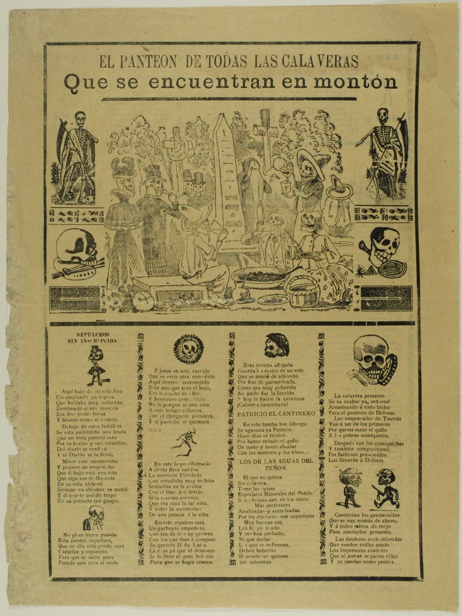 Mausoleet för alla Calaveras som finns i en hög av José Guadalupe Posada