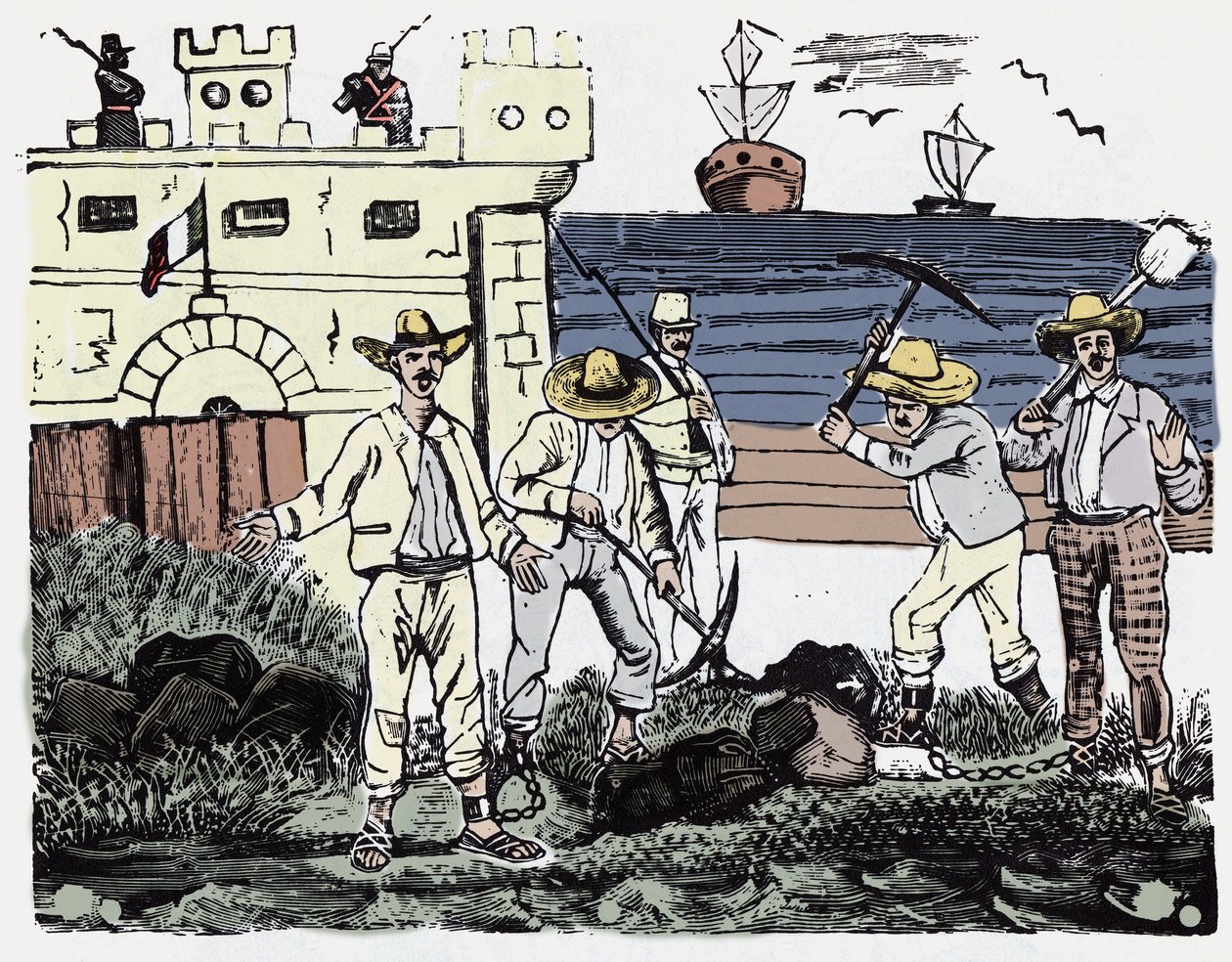 Den mexikanska revolutionen (1910-1920): Grupper av fångar vid tvångsarbete - Xylografi av Jose Guadalupe Posada (1852-1913) av José Guadalupe Posada