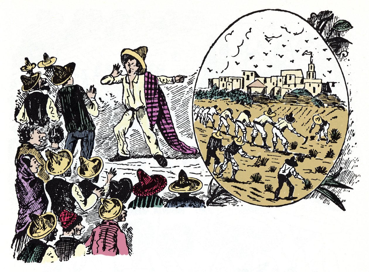 Den mexikanska revolutionen (1910-1920): berättelse om hårt arbete av en av arbetarna i Valle Nacional, cirka 1908 - Xylografi av Jose Guadalupe Posada (1852-1913) av José Guadalupe Posada