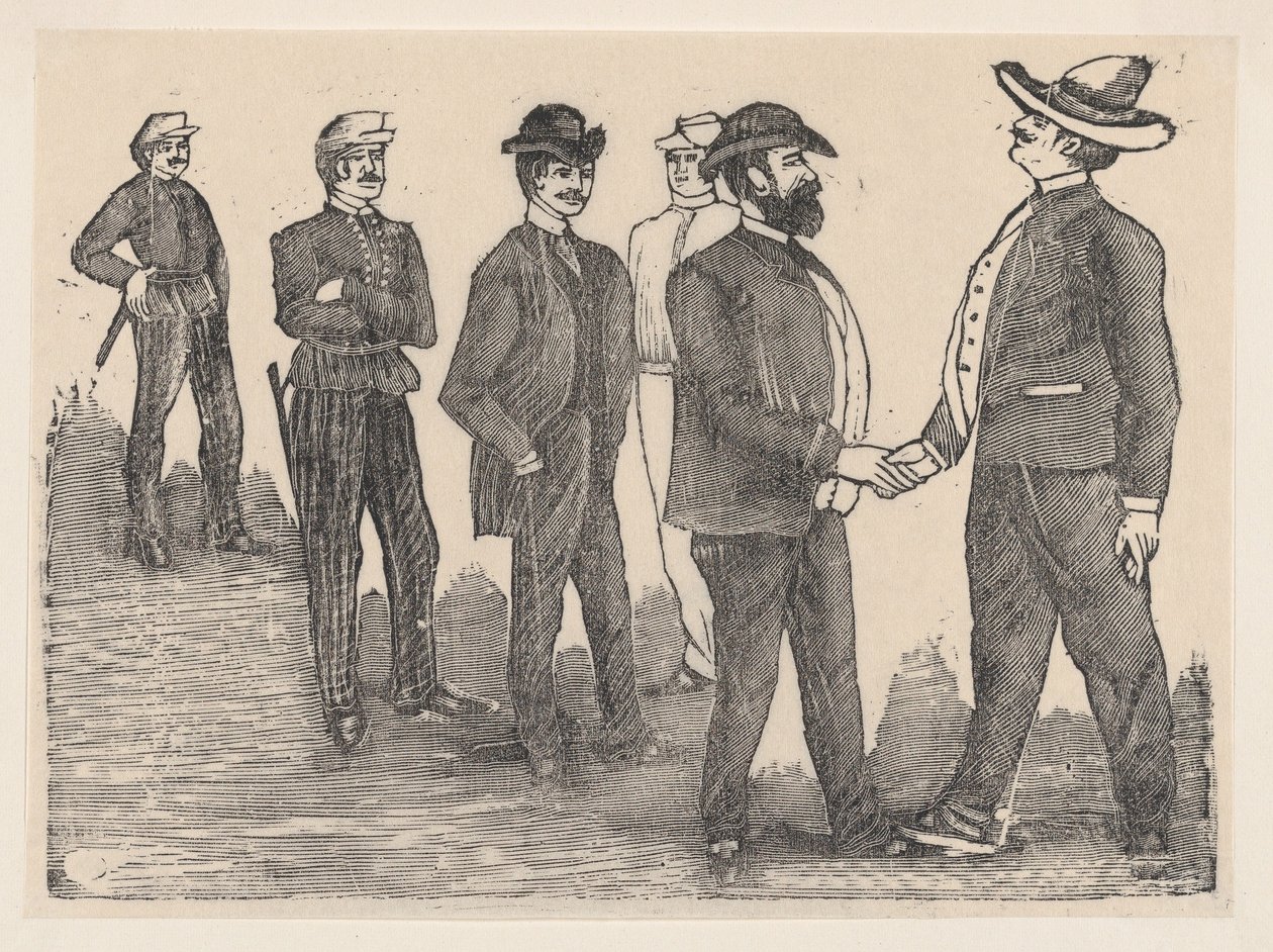 Två män skakar hand i förgrunden och officerare som tittar på dem i bakgrunden..., ca. 1880-1910. av José Guadalupe Posada