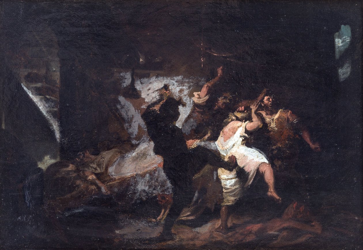 Scene extraite de Don Quichotte de Cervantes - Scen från Don Quixote de la Mancha av M. de Cervantes, av Jimenez Aranda, Jose (1837-1903). olja på duk av José Jiménez Aranda
