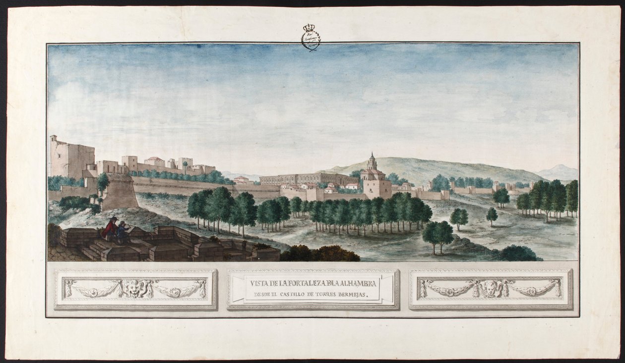 Utsikt över Alhambra i Granada, från slottet Torres Bermejas av José de Hermosilla