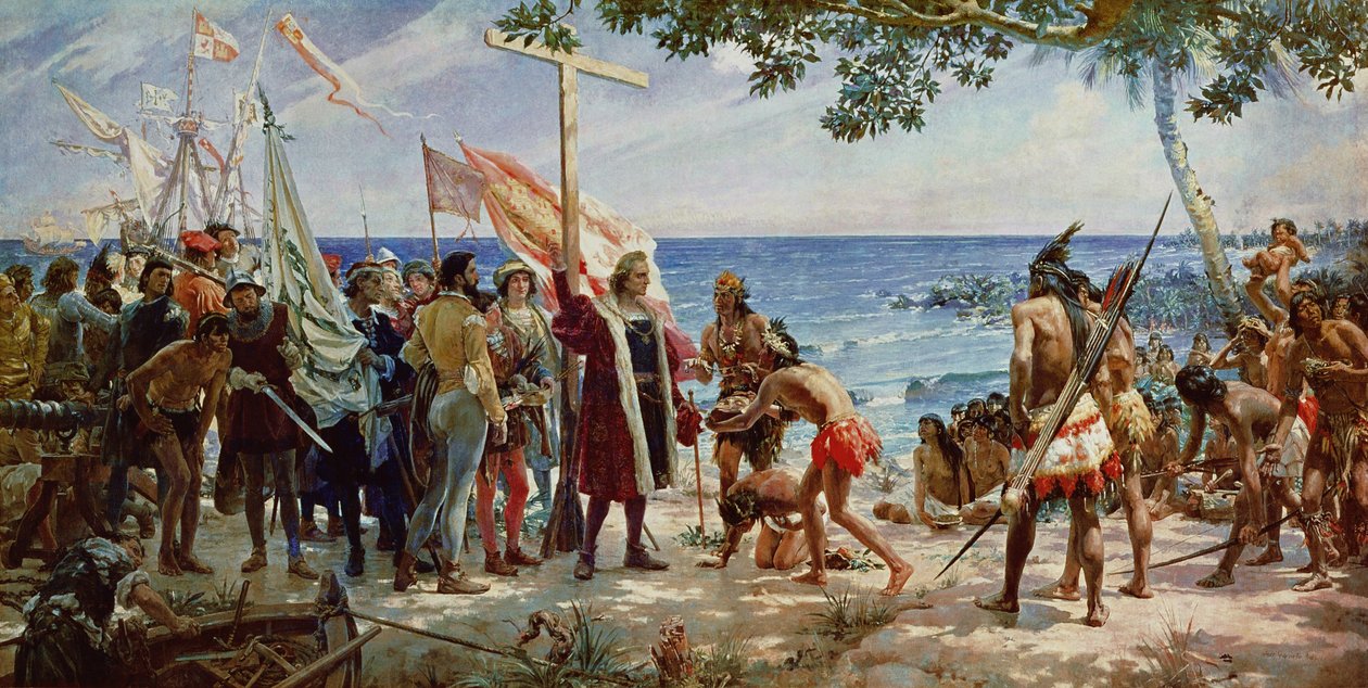 Christopher Colombus landstigning på ön Guanahani 1492, ca 1890 av Jose Garnelo y Alda
