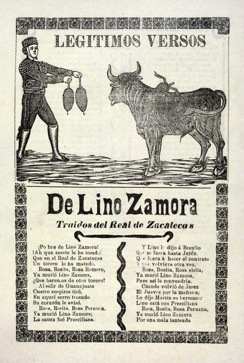 Legitima verser av Lino Zamora hämtade från Real de Zacatecas, publicerad 1903 av José Guadalupe Posada