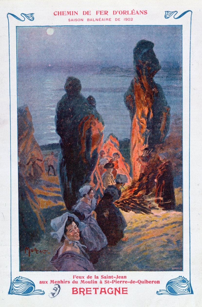 Brasor tända för att fira sommarsolståndet i Saint-Pierre-de-Quiberon, Bretagne, affischannons för Orleans Railway, 1902 av Jose Moreno Carbonero