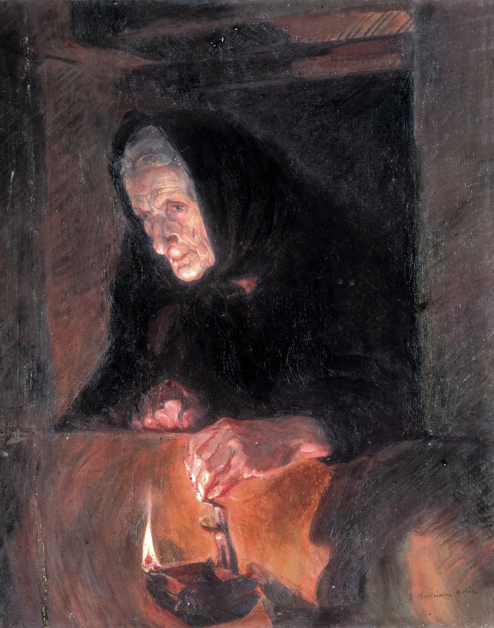 Gammal dam har oljelampan. Målning av Jose BENLLIURE ORTIZ (1884-1916) Olja på duk. Valencia. Museum of Bellas Artes San Pio V. av Jose Benlliure Ortiz