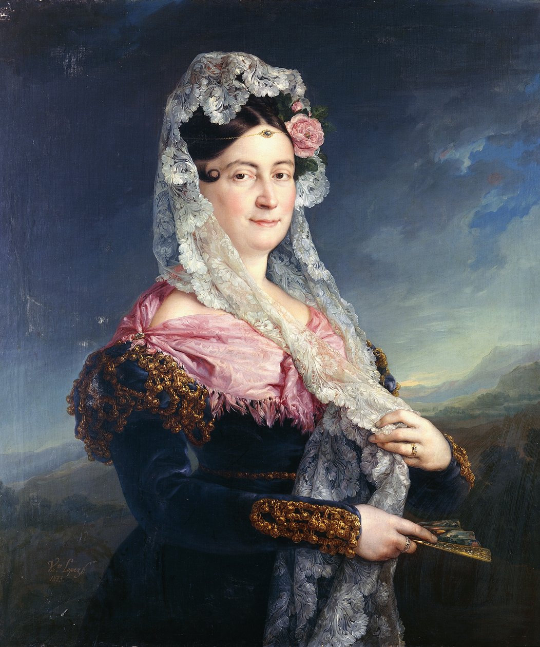 Porträtt av Dona Maria de los Dolores Gomez de las Casas e Ibarrondo, stående tre fjärdedels längd, av Jose Camaron