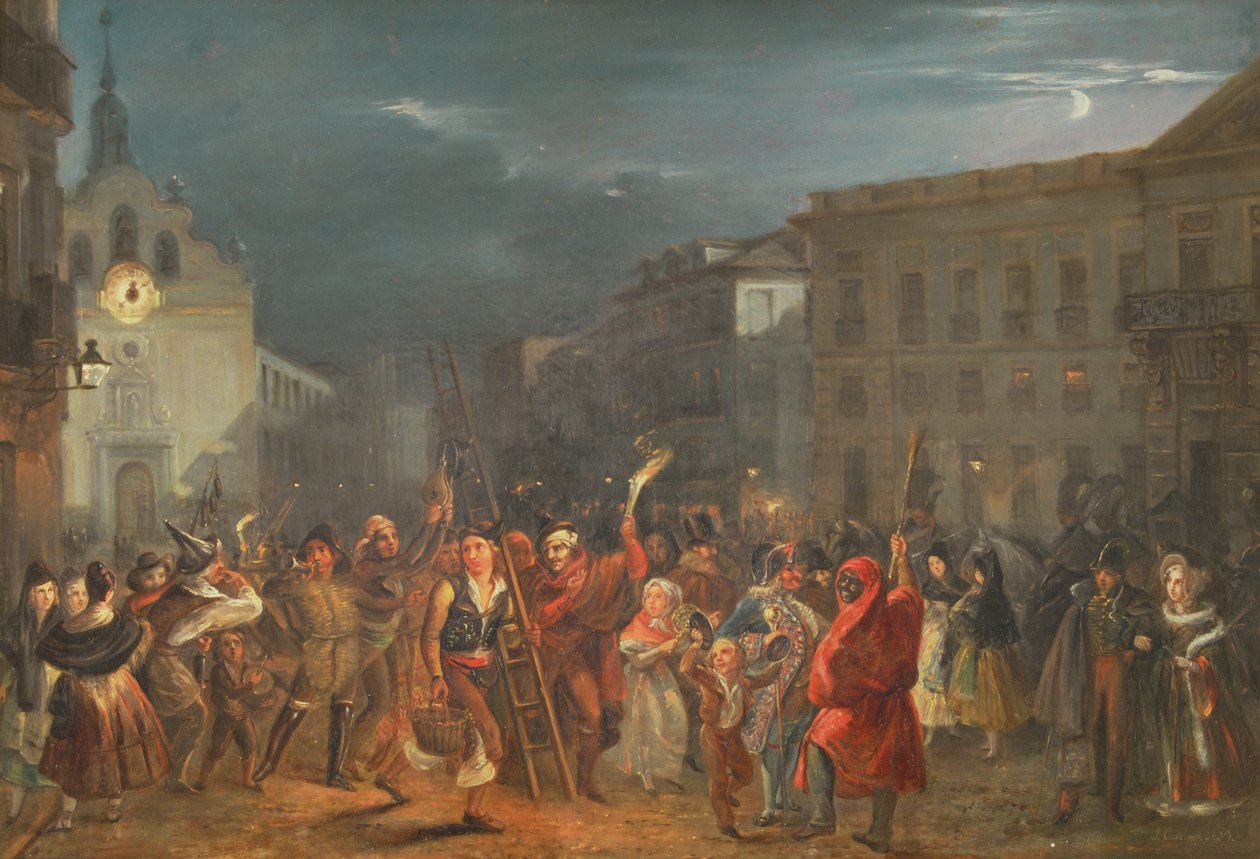 De tre kungarnas natt på Puerta del Sol, Madrid av José Castelaro y Perea