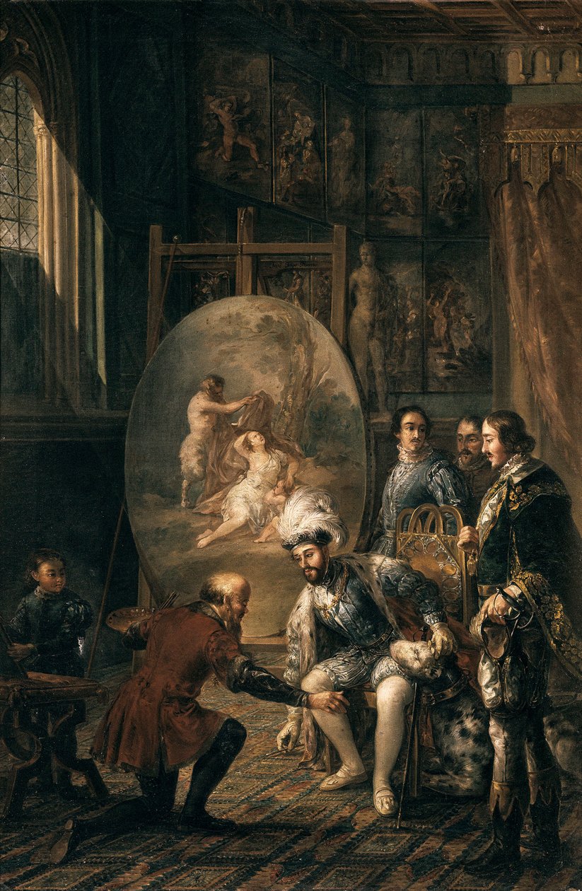 ""kejsaren Karl V (1500-1558) tar upp penseln från målaren Tiziano Vecellio sa Tizian (1485-1576), målare vid kejsarens hov"" Målning av Jose Felipe Parra (1824-1864) 1800-talets Valencia , Museo de Bellas Artes San Pio V av Jose Felipe Parra