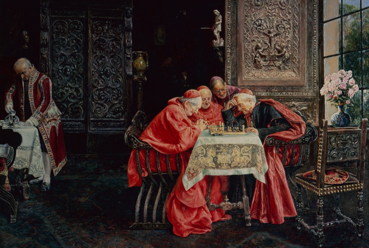 A Game of Chess (olja på panel) av Jose Gallegos Arnosa