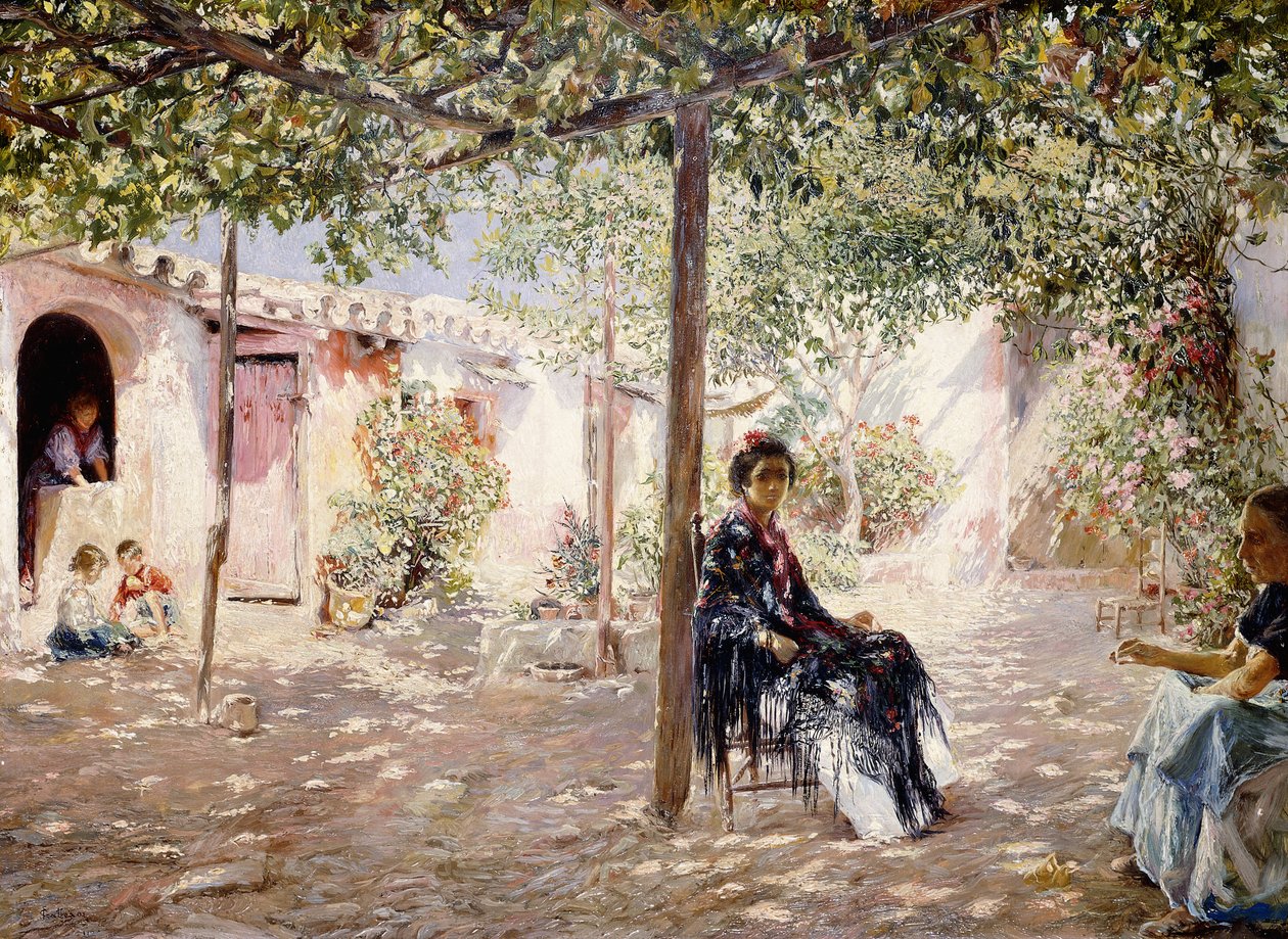 Damer på en soldränkt innergård, av Jose Gallegos Arnosa