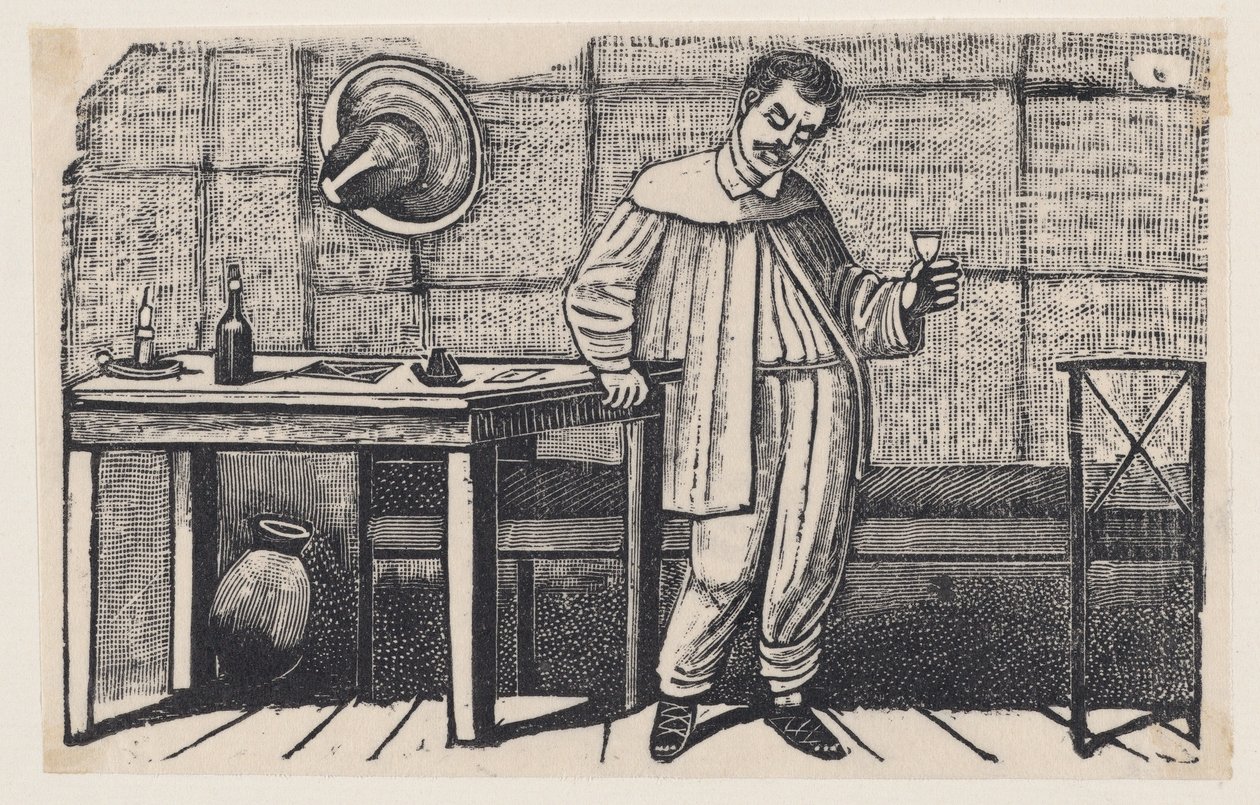 En man med ett glas i handen som tittar nedåt och lutar sig mot ett bord, en illustration ur ”El huérfano” av José Guadalupe Posada
