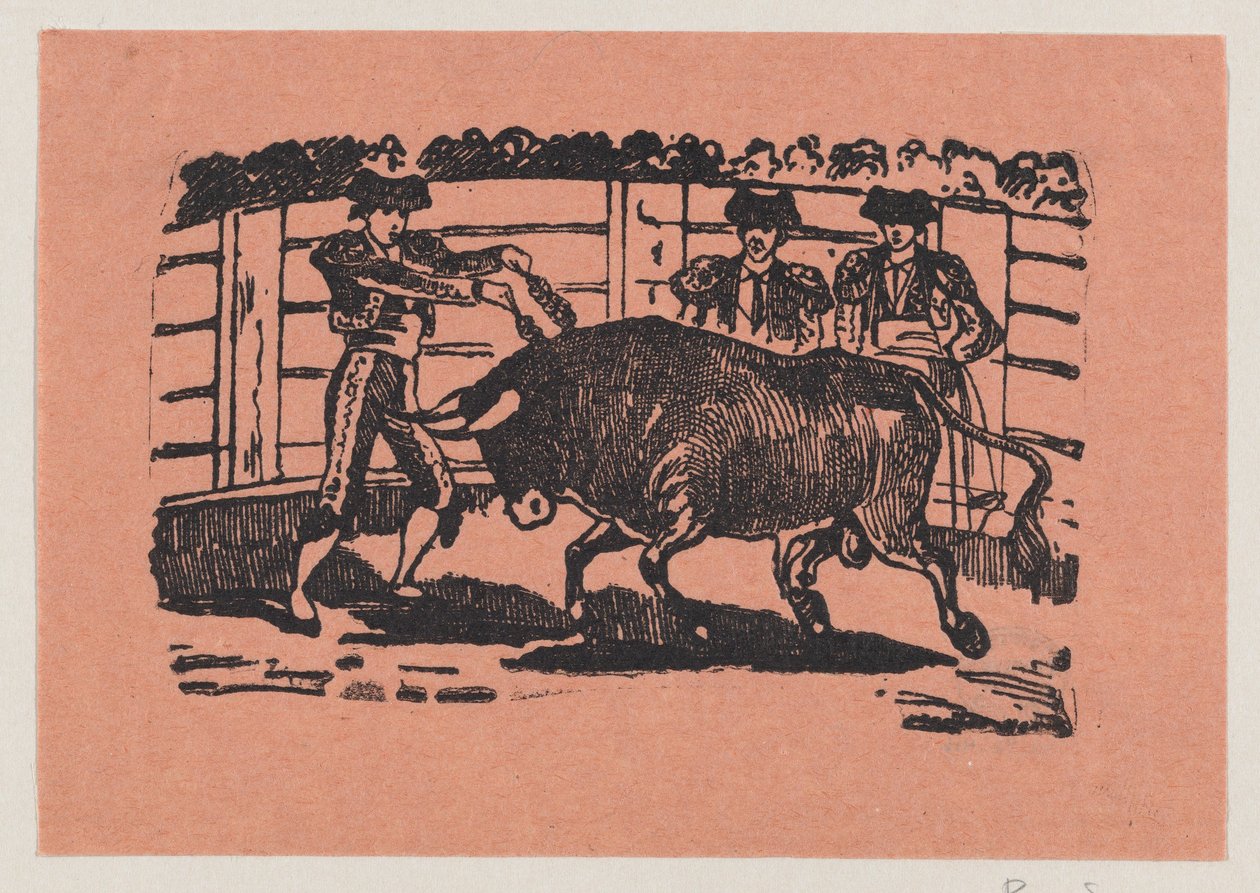 Ein Torero platziert Banderillas in die Schultern des Stiers, während zwei Männer hinter dem Stier stehen av José Guadalupe Posada