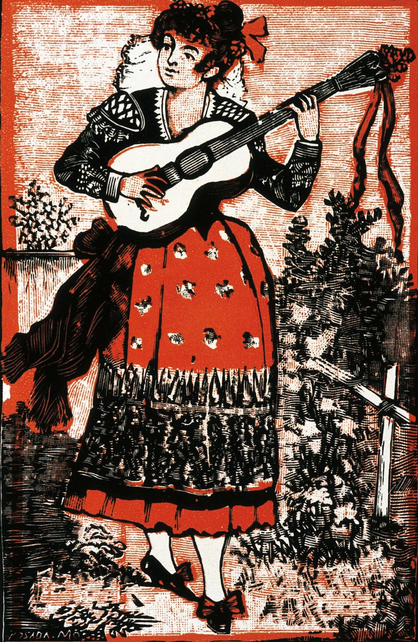 Omslag till en sångbok som föreställer en mexikansk kvinna med en gitarr. Gravyr av Jose Guadalupe POSADA (1852-1913). Gravyr av José Guadalupe Posada