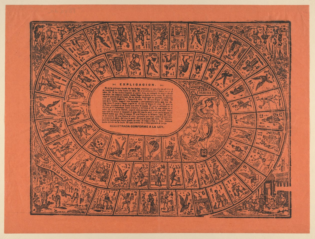 Gänsespiel (mit den Regeln in der Mitte gedruckt) av José Guadalupe Posada
