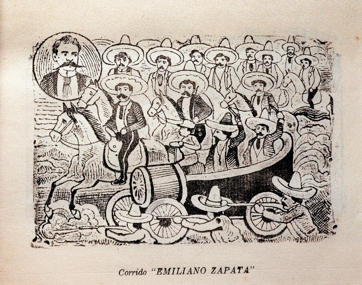 Mexiko. Mexikanska revolutionen "Corrido Emiliano Zapata" (gravyr) av José Guadalupe Posada