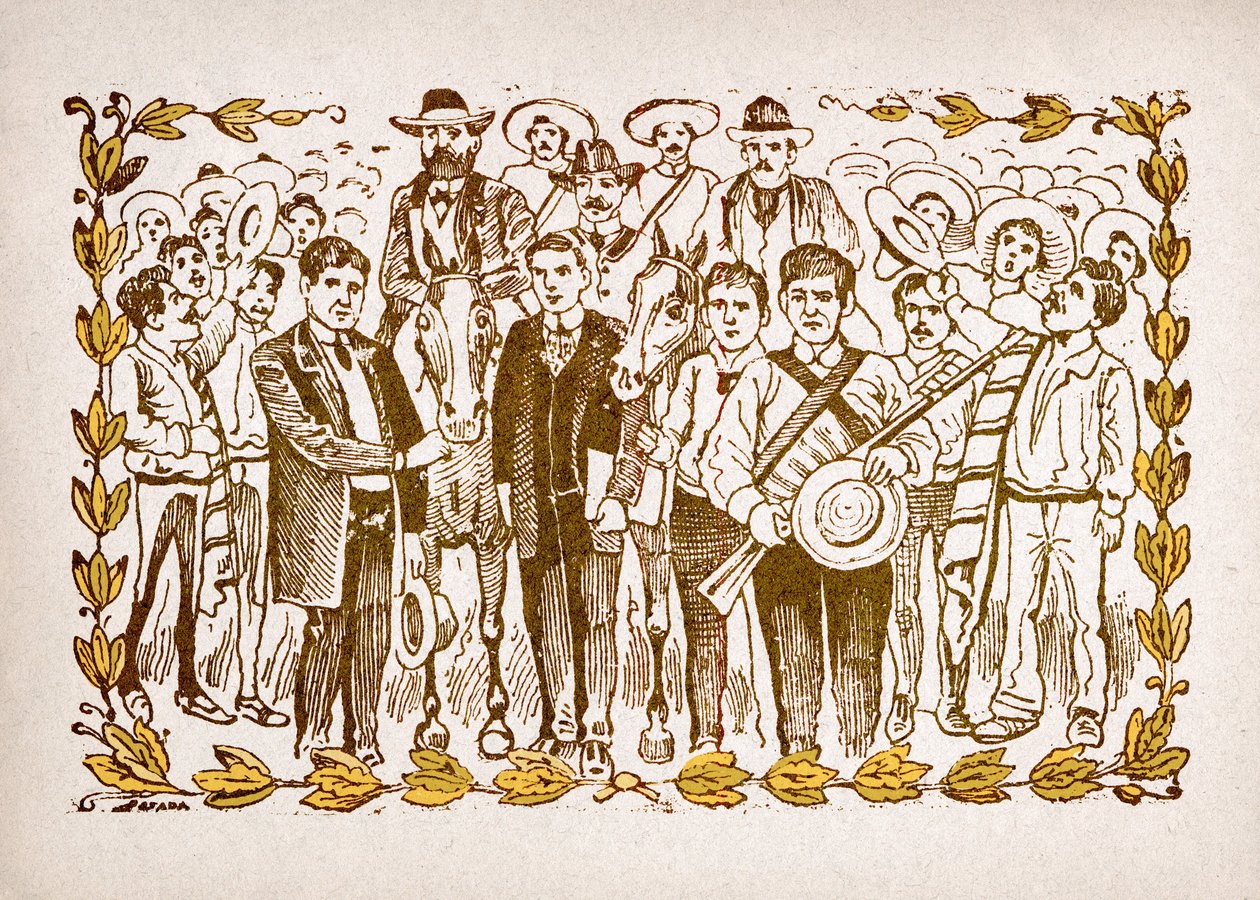 Mexiko, mexikansk revolution: "" El Triunfo de Madero "" (Francisco Indalecio Madero Gonzalez (1873-1913) vald till president med stöd av revolutionärerna Villa och Zapata. Porträtt till häst mitt bland folkmassan av hans anhängare. Gravyr av av José Guadalupe Posada