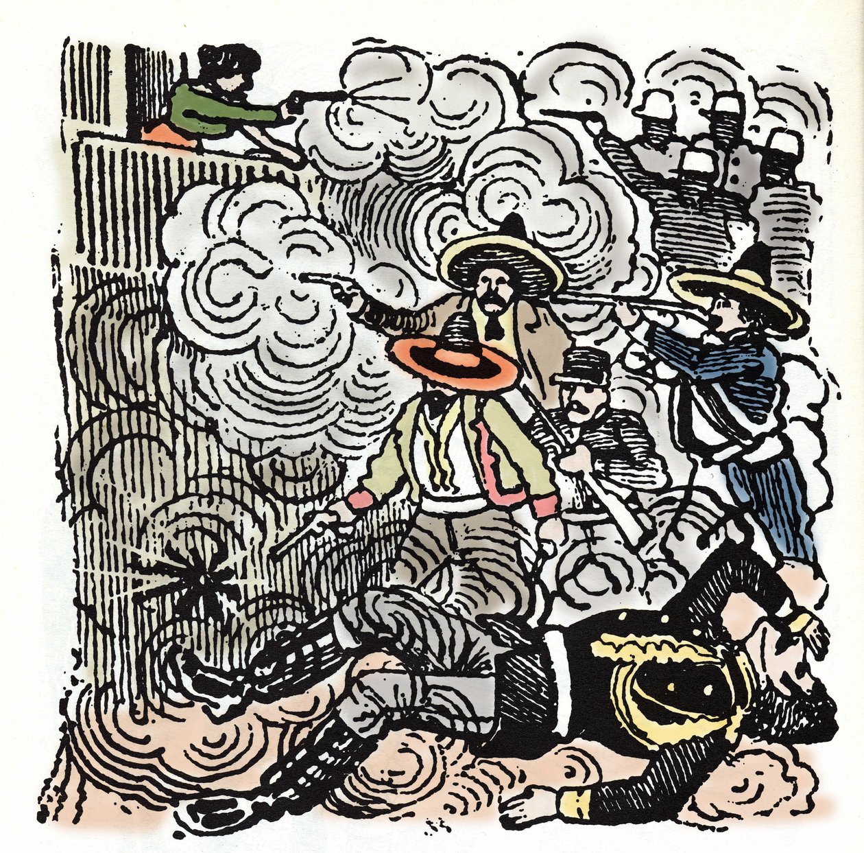 Den mexikanska revolutionen (1910-1920): attack mot Aquiles Serdans hus (1876-1910). Xylografi av Jose Guadalupe Posada (1852-1913). av José Guadalupe Posada