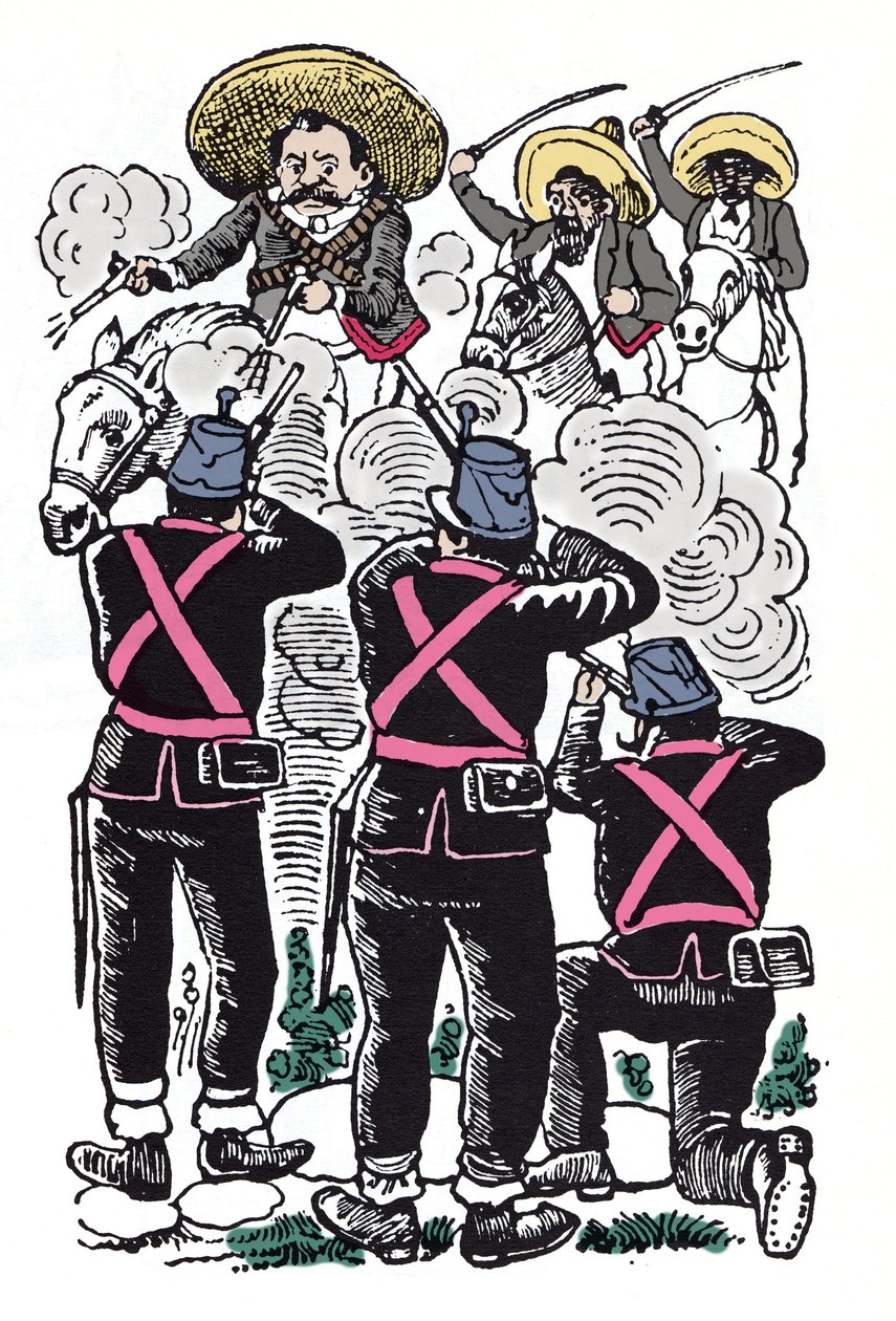 Den mexikanska revolutionen (1910-1920): Federalernas kamp mot Emiliano Zapatas revolutionära trupper (känd som El Caudillo del Sur). av José Guadalupe Posada
