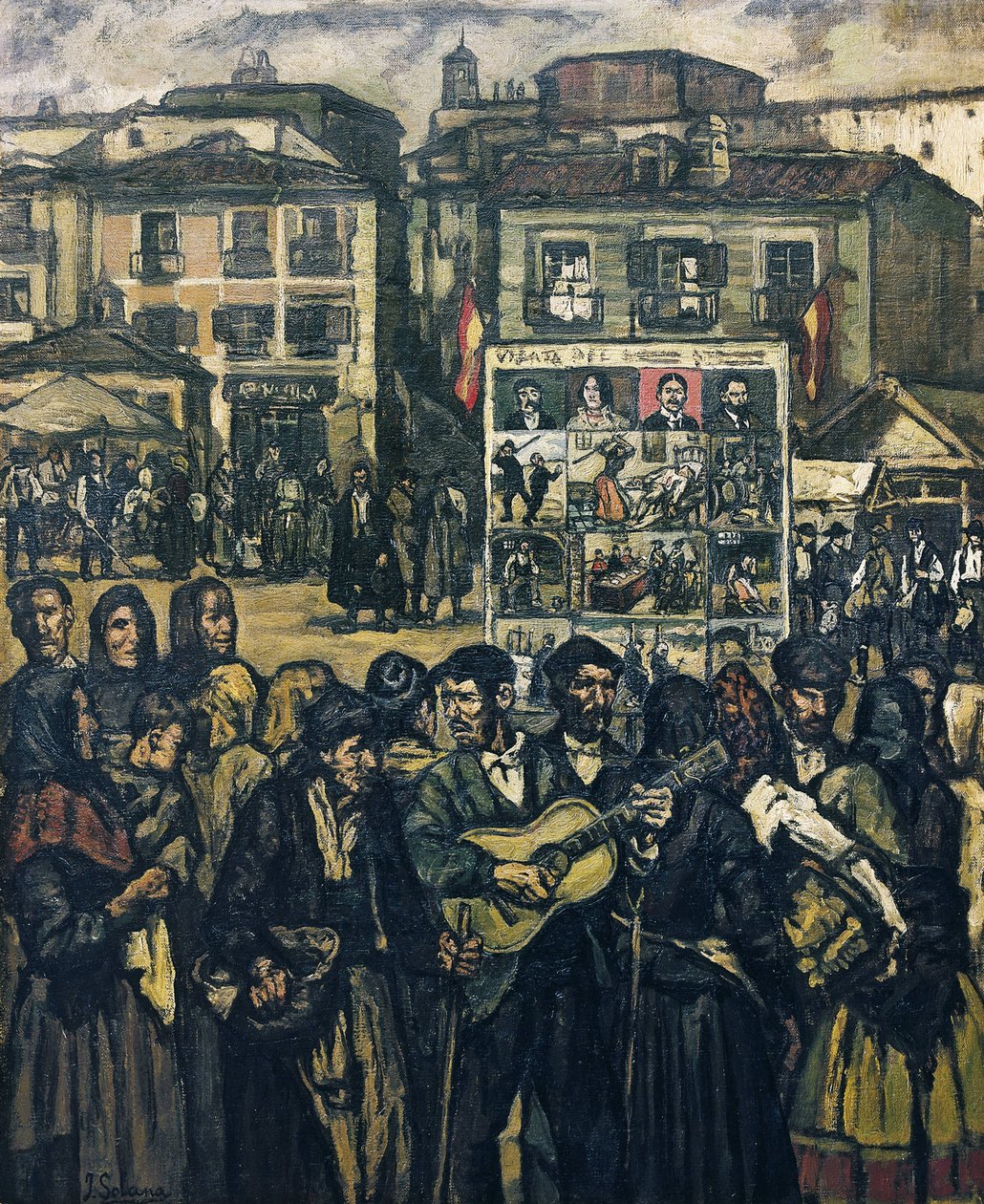 GUTIERREZ SOLANA, Jose (1886-1945). El cartel del crimen (El musico ciego) - Brottskartellen (den blinde musikern). ca 1920. (78 x 64 cm). Olja på duk. Privat samling av Jose Gutierrez Solana