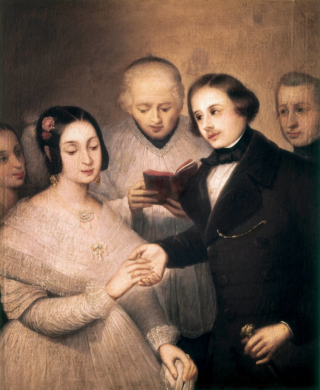 Det romantiska bröllopet. Målning av Jose Gutierrez De La Vega (1791-1865). Madrid. Romantiskt museum. av José Gutiérrez de la Vega
