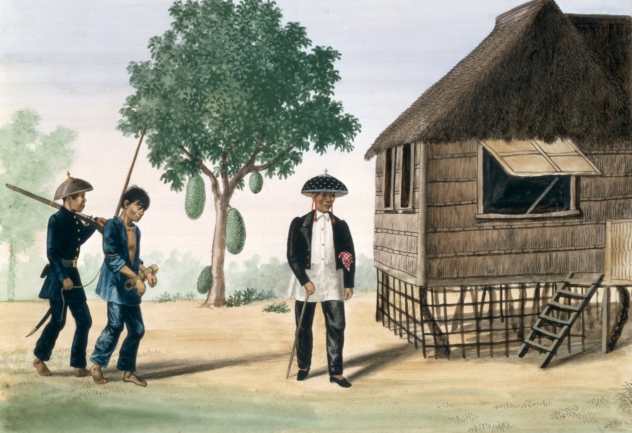 En fånge ledd av en polisman och en rådman, från "The Flebus Album of Views In and Around Manila", ca 1845 av Jose Honorato Lozano