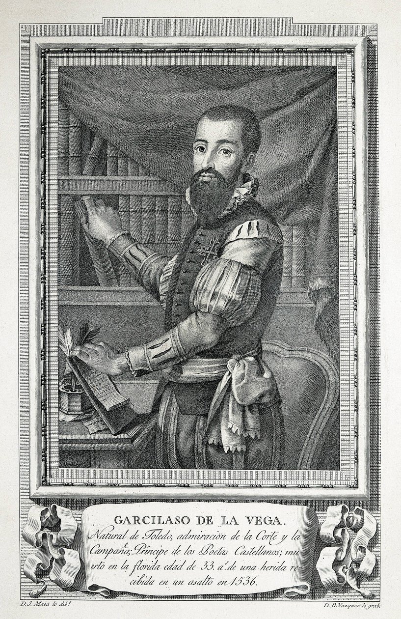 MAEA, Jose (1760-1826). Porträtt av Garcilaso de la Vega. 1791. Teckning av Jose Maea buringravyr av Bartolome Vazquez. Etsning. av Jose Maea