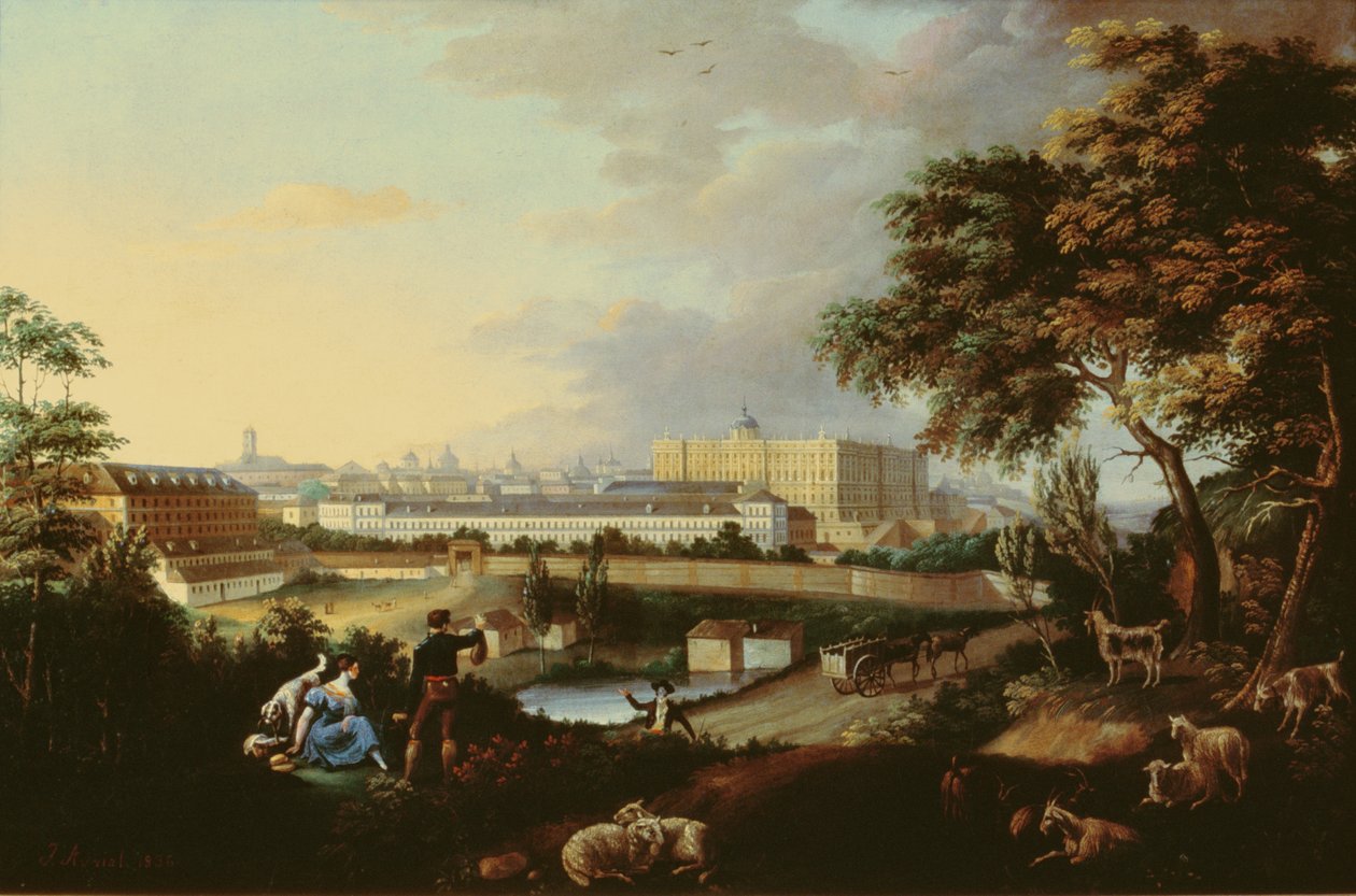 Utsikt över det kungliga palatset i Madrid från berget Principe Pio av Jose Maria Avrial Y Flores