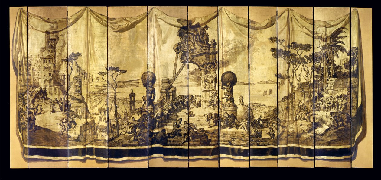 Vision Mediterranea, elvabladig skärm, ca 1925 (olja på förgylld träpanel) av Jose Maria Sert y Badia