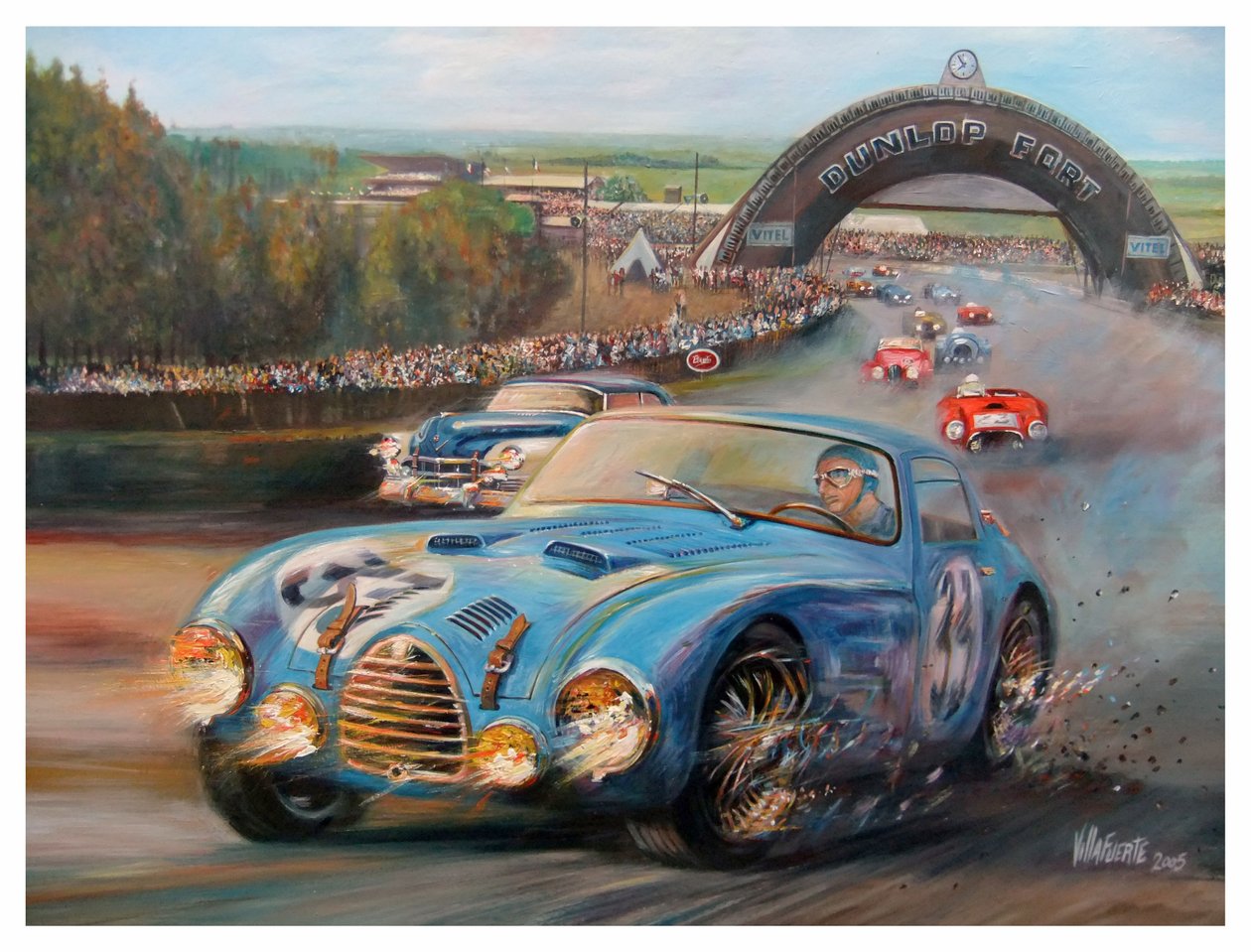 John Manuel Fangio på Le Mans 1950 Gordini Typr 18S (akryl på duk) av Jose Maria Villafuerte