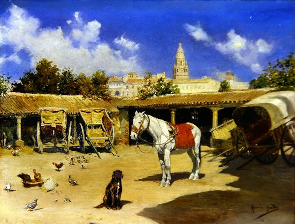 En innergård i Murcia, med katedraltorn (olja på panel) av Jose Marin Baldo