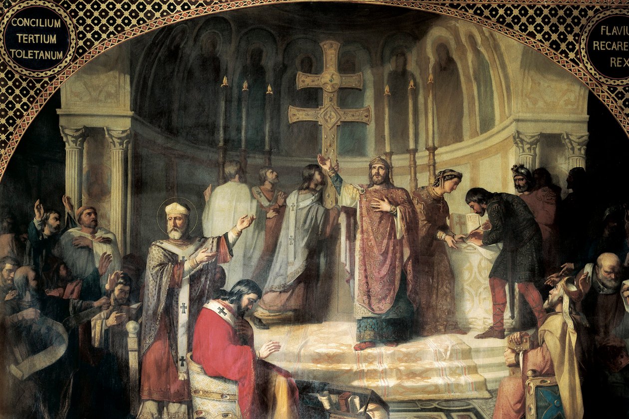 Tredje konciliet i Toledo år 589 under ordförandeskap av Isidore av Sevilla (målning) av Jose Marti y Monso