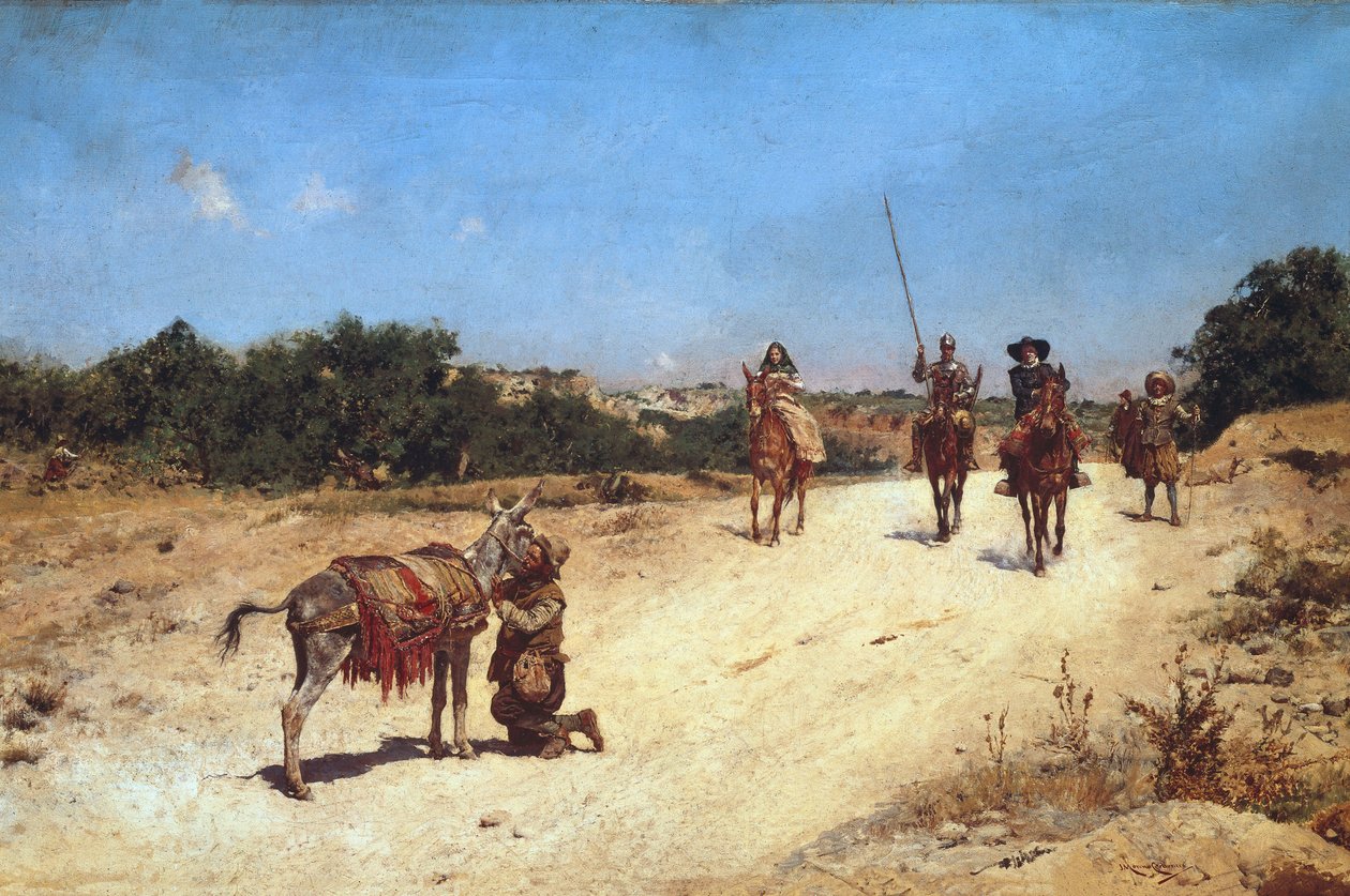 Mötet mellan Sancho Panza och hans åsna Rucio, Illustration av Don Quijote, ca 1878 (olja på duk) av Jose Moreno Carbonero