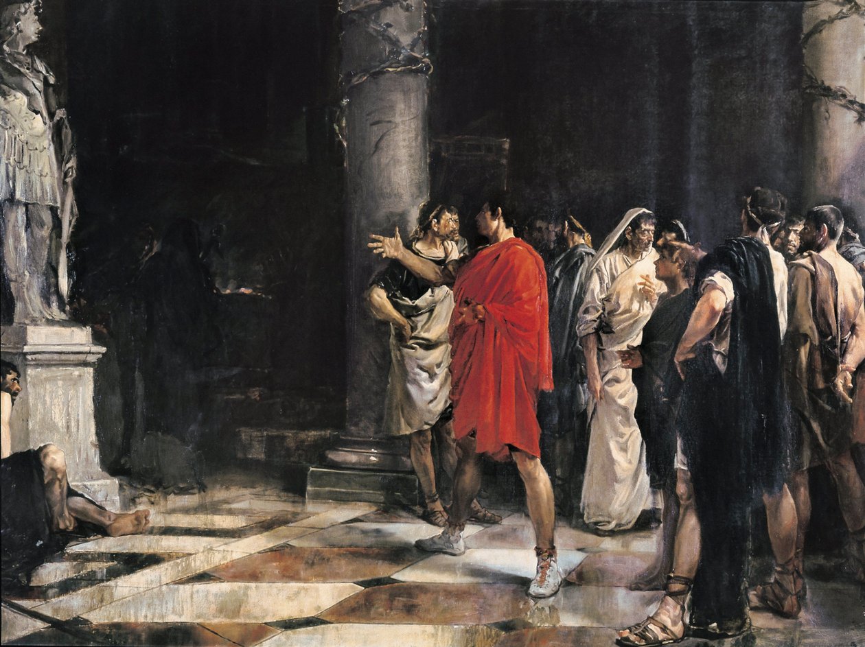 Jules Cesar (Caius Iulius Caesar) (101-44 f.Kr.) står framför statyn av Alexander den store i Hercules-templet av Cadiz (Gadir) (olja på duk) av Jose Morillo Ferrada