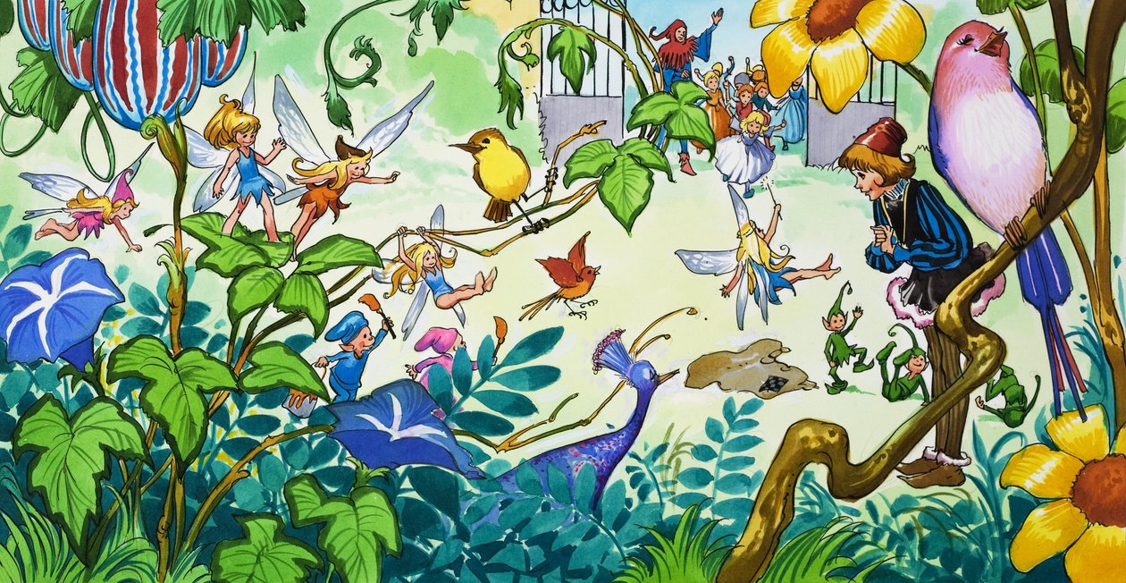 Älvor i trädgården (gouache på papper) av Jose Ortiz